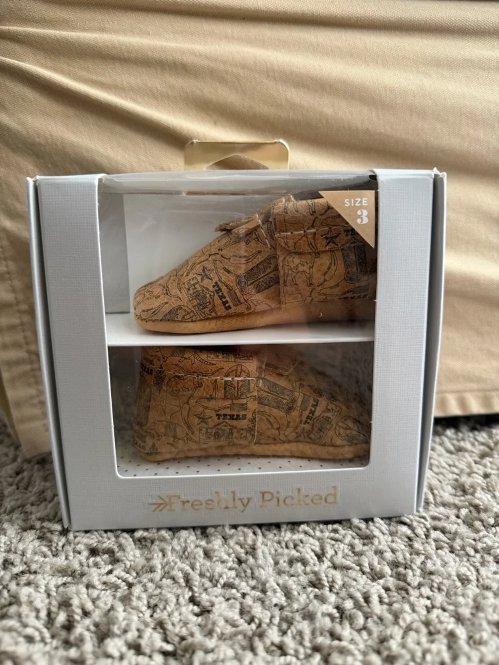 Freshly Picked Tan Moccasins with Southwestern Print